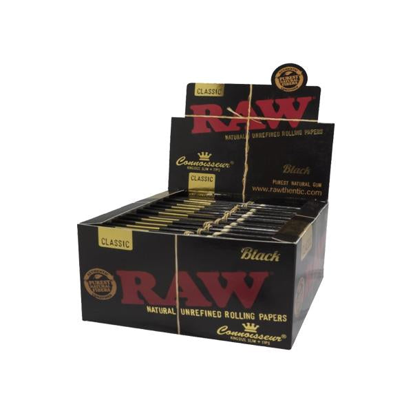 made by: Raw price:£55.97 24 Raw Black Classic King Size Slim Connoisseur Rolling Papers + Tips next day delivery at Vape Street UK