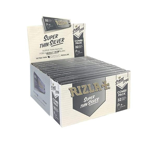 made by: Rizla price:£32.55 24 Rizla Silver Super Thin King Size Rolling Papers + Tips Combi Pack next day delivery at Vape Street UK