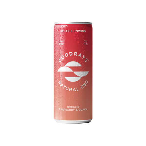 made by: Goodrays price:£2.28 Goodrays 30mg CBD Raspberry & Guava Seltzer 250ml next day delivery at Vape Street UK