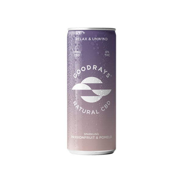 made by: Goodrays price:£2.28 Goodrays 30mg CBD Passionfruit & Pomelo Seltzer 250ml next day delivery at Vape Street UK