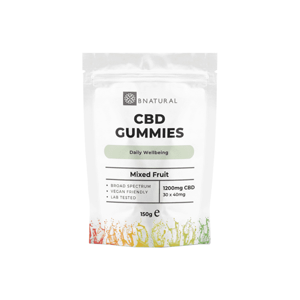 made by: Bnatural price:£28.50 Bnatural 1200mg Broad Spectrum CBD Mixed Fruit Gummies - 30 Pieces next day delivery at Vape Street UK