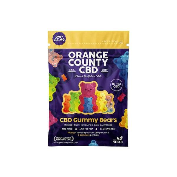made by: Orange County price:£3.61 Orange County CBD 100mg Mini CBD Gummy Bears - 6 Pieces next day delivery at Vape Street UK