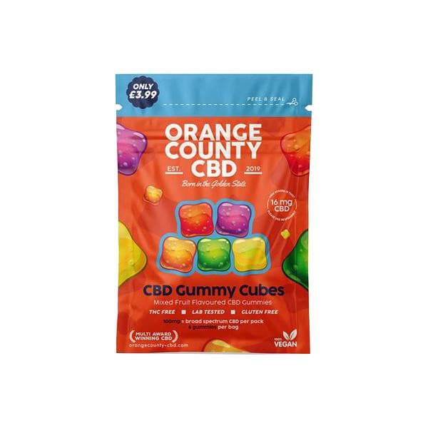made by: Orange County price:£3.61 Orange County CBD 100mg Mini CBD Gummy Cubes - 6 Pieces next day delivery at Vape Street UK