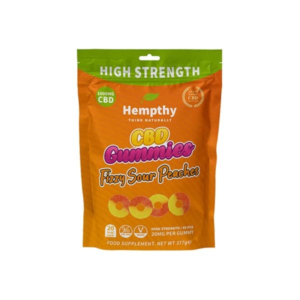 made by: Hempthy price:£22.78 Hempthy 1000mg CBD Fizzy Sour Peach Rings Gummies - 50 Pieces next day delivery at Vape Street UK