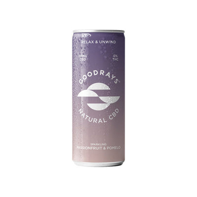 made by: Goodrays price:£27.36 12 x Goodrays 30mg CBD Passionfruit & Pomelo Seltzer 250ml next day delivery at Vape Street UK