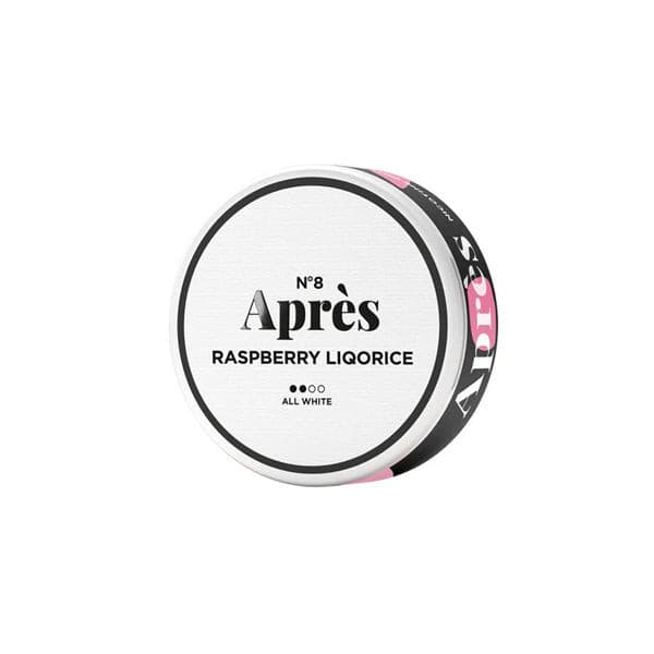 made by: Après price:£6.30 Après 8mg Raspberry Liquorice Nicotine Snus Pouches 20 Pouches next day delivery at Vape Street UK