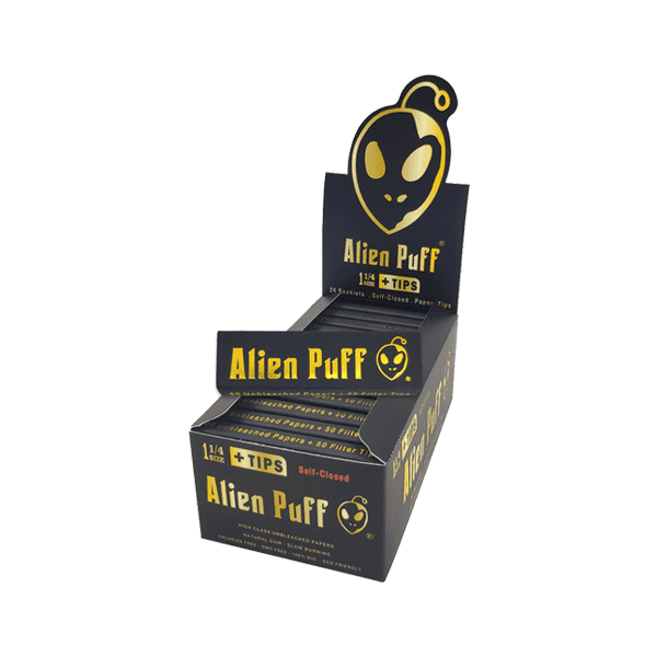 made by: Alien Puff price:£30.66 50 Alien Puff Black & Gold 1 1/4 Size Unbleached Brown Papers + Tips next day delivery at Vape Street UK
