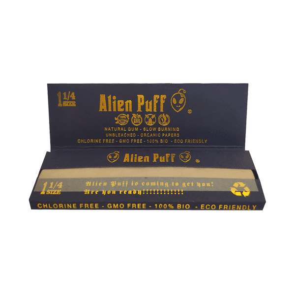 made by: Alien Puff price:£28.35 50 Alien Puff Black & Gold 1 1/4 Size Unbleached Brown Rolling Papers next day delivery at Vape Street UK