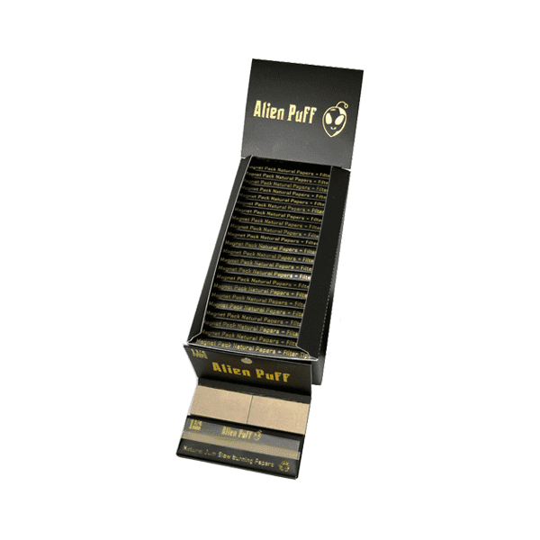 made by: Alien Puff price:£30.45 33 Alien Puff Black & Gold 1 1/4 Size Magnetic Unbleached Rolling Papers + Tips next day delivery at Vape Street UK