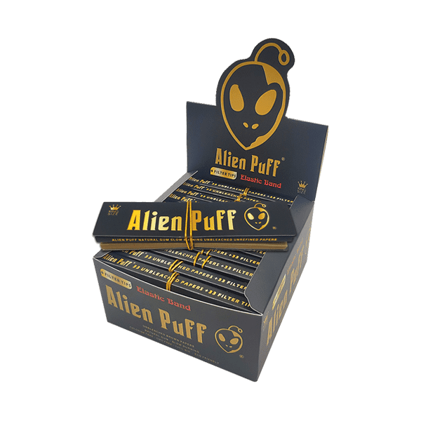 made by: Alien Puff price:£30.66 33 Alien Puff Black & Gold King Size Elastic Band Unbleached Papers + Filter Tips next day delivery at Vape Street UK