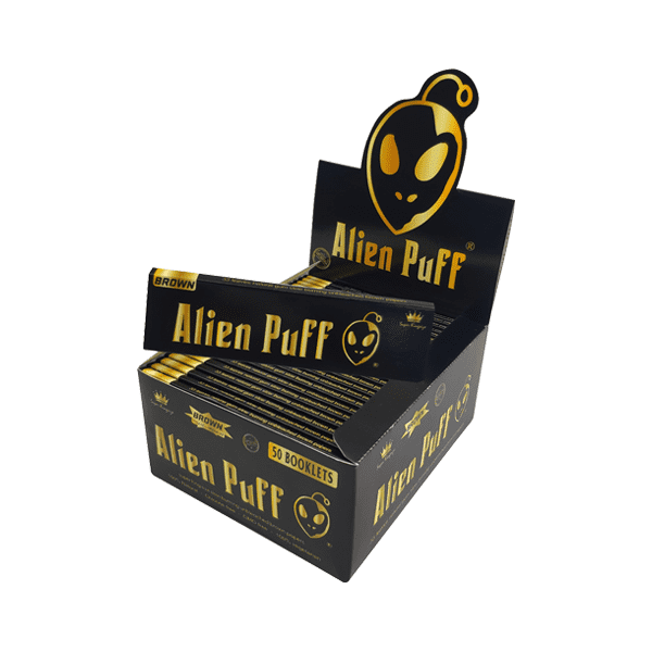 made by: Alien Puff price:£28.35 33 Alien Puff Black & Gold Super King Size Unbleached Brown Rolling Papers next day delivery at Vape Street UK