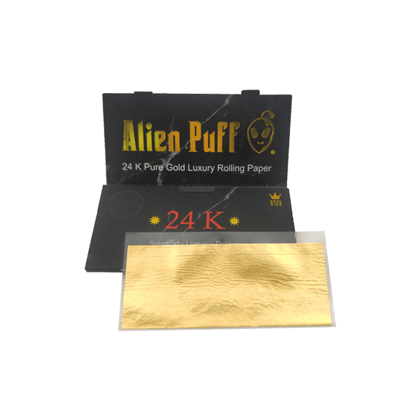 made by: Alien Puff price:£170.10 12 Alien Puff Black & Gold King Size 24K Gold Rolling Papers next day delivery at Vape Street UK