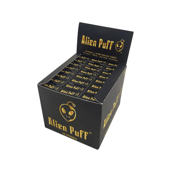made by: Alien Puff price:£47.04 72 Alien Puff Black & Gold 1 1/4 Size Pre-Rolled Cones next day delivery at Vape Street UK