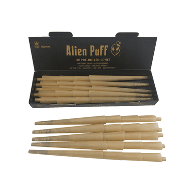 made by: Alien Puff price:£20.37 40 Alien Puff Black & Gold King Size Pre-Rolled 109mm Cones next day delivery at Vape Street UK