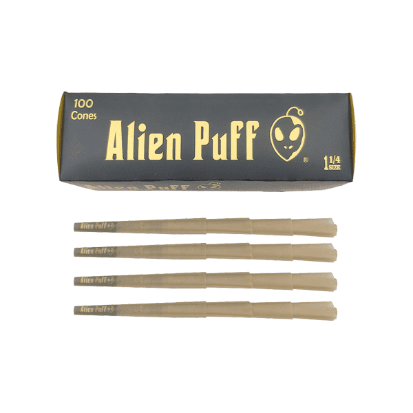 made by: Alien Puff price:£35.91 100 Alien Puff Black & Gold 1 1/4 Size Pre-Rolled Cones next day delivery at Vape Street UK