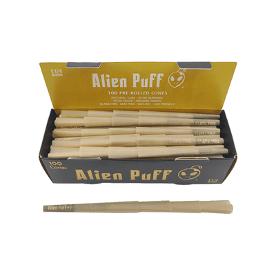 made by: Alien Puff price:£35.91 100 Alien Puff Black & Gold 1 1/4 Size Pre-Rolled Cones next day delivery at Vape Street UK