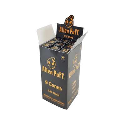 made by: Alien Puff price:£129.89 9 Alien Puff Black & Gold King Size Pre-Rolled 24K Gold Cones next day delivery at Vape Street UK