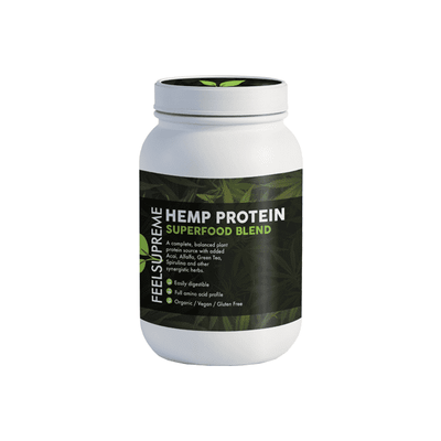 made by: Feel Supreme price:£28.50 Feel Supreme Hemp Protein Superfood Blend - 500g next day delivery at Vape Street UK