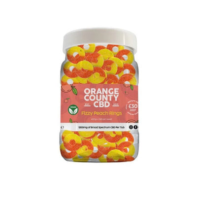 made by: Orange County price:£51.45 Orange County CBD 3200mg CBD Fizzy Peach Rings - Large Tub next day delivery at Vape Street UK