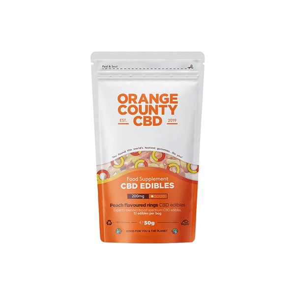made by: Orange County price:£9.50 Orange County CBD 200mg CBD Fizzy Gummy Peach Rings - Grab Bag next day delivery at Vape Street UK