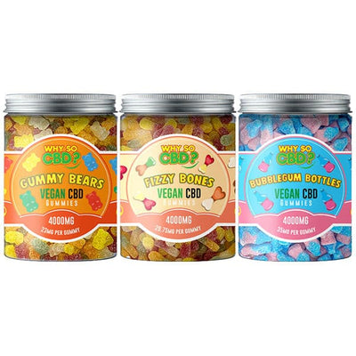 made by: Why So CBD price:£30.31 Why So CBD? 4000mg CBD Large Vegan Gummies - 11 Flavours next day delivery at Vape Street UK